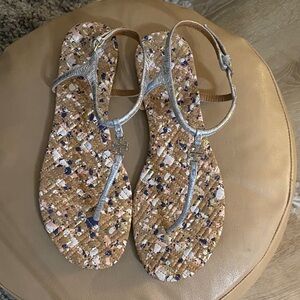 Tory Burch Marion Confetti Quilted Silver T Strap Leather Thong Sandals size 8